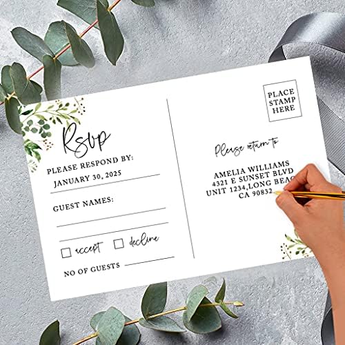 Andaz Press 56-Pack Personalized RSVP Postcards for Wedding Greenery Foliage Cardstock Response Reply Cards for Bridal Shower Baby Shower Birthday Event Custom Date and Return Address 4 x 6-Inch - Image 2