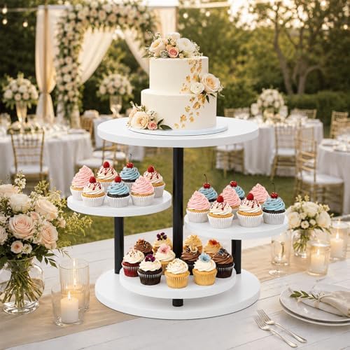ELITEROO 4 Tiered Wooden Cupcake Stand, Round cake and cupcake stand combo with serving Tray, 360°Rotating Dessert Tower for Pie Table Display Rack for Wedding Birthday Baby Shower Tea Party, White - Image 2