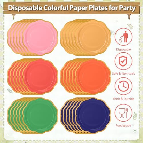 192Pcs Colorful Paper Plates and Napkins Party Supplies, Disposable 9’’ Scalloped Colored Party Plates Tableware Set for Rainbow Birthday, Wedding, Baby Shower Decorations, Serves for 48 Guests - Image 3