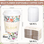 Whaline 50 Pcs Spring Wildflower Disposable Coffee Cups with Lids and Sleeves Watercolor Spring Floral Bloom Paper Drinking Cups for Birthday Wedding Baby Shower Supplies - Image 2