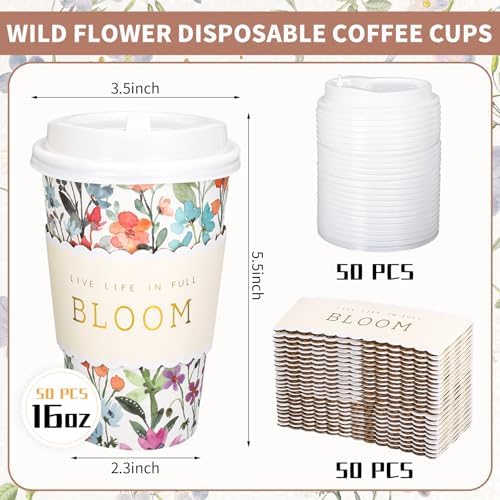 Whaline 50 Pcs Spring Wildflower Disposable Coffee Cups with Lids and Sleeves Watercolor Spring Floral Bloom Paper Drinking Cups for Birthday Wedding Baby Shower Supplies - Image 2