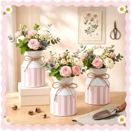Domensi 6 Pcs Farmhouse Metal Flower Vase, Pink Striped Table Centerpiece - Image 4