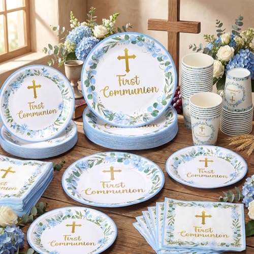 Pickmesh 250 Pcs Blue First Holy Communion Disposable Tableware Set God Bless Baptism Disposable Paper Plates Napkins and Cups for Boys Christening Celebration Baby Shower Religious Supplies Serve 50 - Image 4