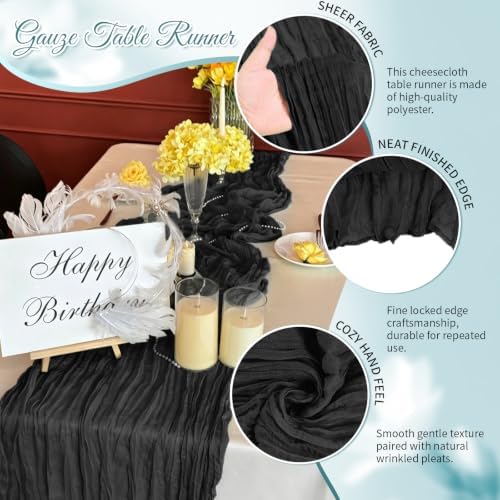 Black Boho Cheesecloth Table Runner 12 Pack 17x108 Inch Sheer Gauze - Image 3