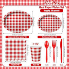 Pajean 350 Pcs Red Gingham Oval Plates and Napkins Party Supplies Red White - Image 2