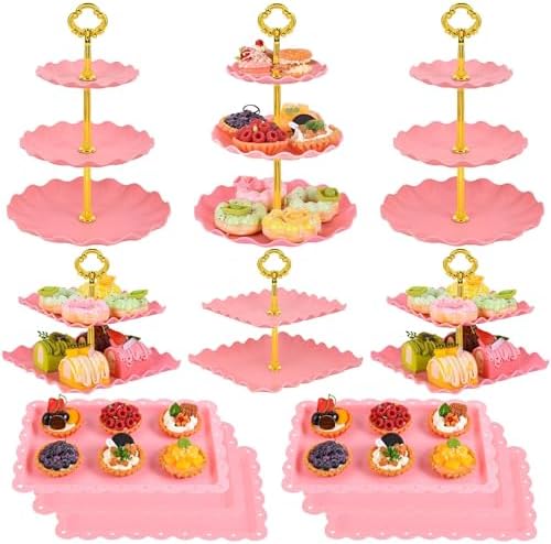 12-Pack Dessert Table Display Set, 6 Cupcake Stands and 6 Dessert Trays, Plastic Dessert Display Stands and Cake Stand, Treat Table Displays Set for Wedding, Baby Shower, Tea Party (Pink) by Unknown