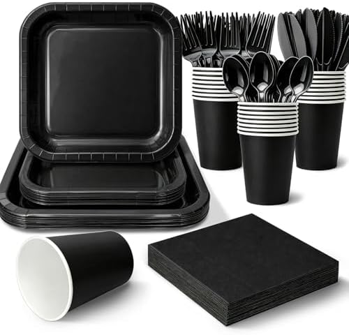 Vyntra 350 Pcs Black Square Paper Plates and Napkins Set, Serves 50 by PartyTablewareSupplies