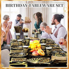 Funnymoom 452 Pcs 70th Birthday Party Decorations Set for Men Women, Black and Gold Happy 70th Birthday Paper Plates Napkins Cups Tablecloth Cutlery Straws Cheers to 70 Years Anniversary Party - Image 4
