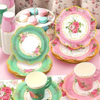 200Pcs Floral Tea Cups and Saucers for Tea Party Supplies, Disposable Tea Cups with Handle and Paper Napkins Dinnerware for Floral Theme Birthday Wedding Bridal Shower Baby Shower（Pink Green） - Image 2