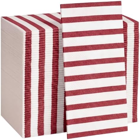 100 Pack Striped Linen-feel Napkins Bulk Striped, Burgundy by Janlaugh