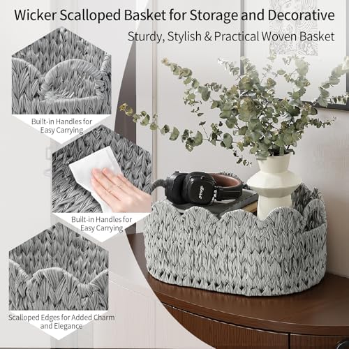 Set of 2 Scalloped Baskets, Small Wicker Baskets for Gifts, Grey - Image 6