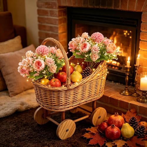 HAOPAIXW 15.7" Wicker Baby Carriage for Baby Shower, Woven Rattan Stroller Basket with 2 Artificial Flower Bouquets, Vintage Floral Centerpiece Planter Gender Reveal Basket (Basket+Flower Bouquets) - Image 6