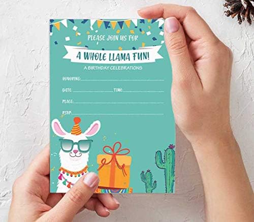 Pack of 30 Llama Kids Birthday Invitations, Boys or Girls Fill-in Style Invite, Children or Toddlers Baby First or 1st Bday Alpaca Cactus Fill in the Blank Invite Cards - Image 5