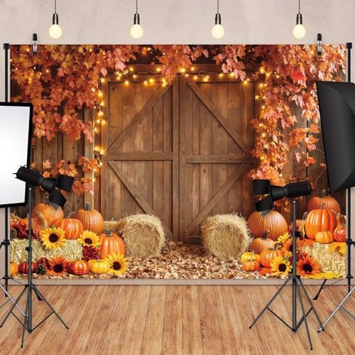 10x8ft Fall Backdrop for Photography Autumn Harvest Farm Barn Wooden Door Pumpkin Maple Leaves Background Thanksgiving Day Baby Shower Birthday Party Decoration Photobooth Banner Props - Image 2