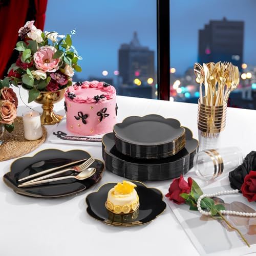 ejonirinjonir 180pcs Double Gold Rim Black Plastic Plates for Birthday - Image 5