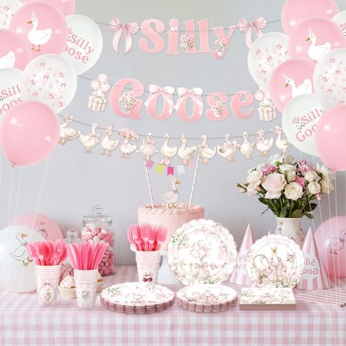 VioraWhite 183 Pcs Silly Goose Birthday Party Set Elegant Pink - Image 5