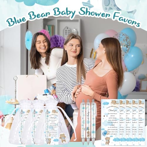 145Pcs Baby Shower Favors for Guest Blue Bear Ballpoint Pens Retractable Baby Shower Pens with Greeting Thank You Cards Keychains Organza Bags for Gender Reveal Souvenirs Prizes Return Gifts - Image 5