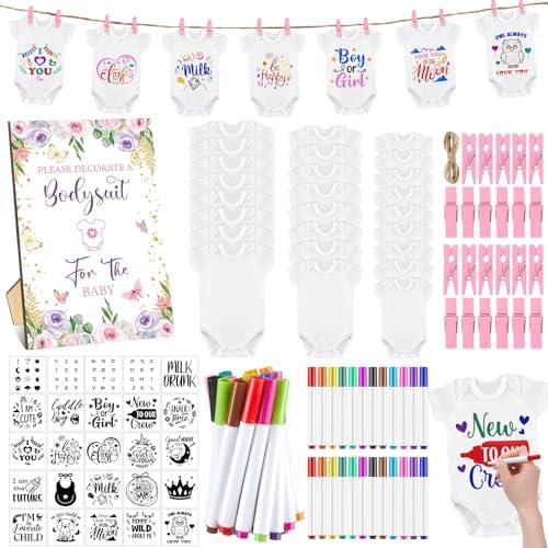 Panitay 126 Pcs Baby Shower DIY Bodysuit Set Bib 25 Blank White Newborn Bodysuit 25 Stencils 24 Marker 1 Sign 50 Pins(Butterfly) by Panitay
