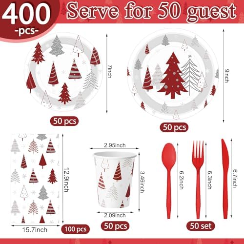 Pickmesh 400 Pcs Christmas Party Supplies Red Silver Paper Plates Serve 50 - Image 2