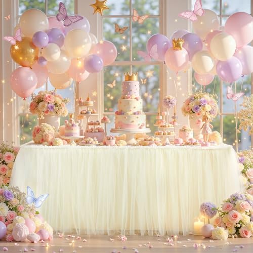 12FT Long Champagne Tulle Table Skirt for Rectangle Round Tables 3-Layer Ruffle Desk Teacher Skirt for Back to School Supplies Princess Girls Birthday Party Cake Dessert Classroom Dorm Decor - Image 2