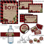 Oh Boy! Red and Black Plaid Lumberjack Boy Baby Shower Party Bundle Includes 20 Invitations with Envelopes + 4 Different Sizes of Decorative Stickers, Diaper Tickets & Bring a Book Cards - Image 2