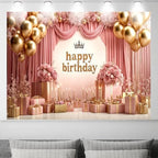 Rose Gold Birthday Backdrop Banner Pink Balloon Floral Rose Photography Background for Girls Women Gold Birthday Party Wedding Baby Shower Decor Photo Booth Supplie, 12X10 Ft - Image 2