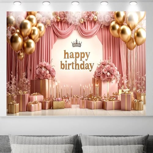 Rose Gold Birthday Backdrop Banner Pink Balloon Floral Rose Photography Background for Girls Women Gold Birthday Party Wedding Baby Shower Decor Photo Booth Supplie, 12X10 Ft - Image 2
