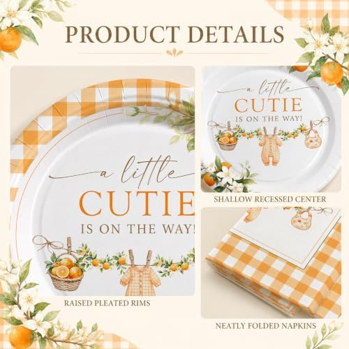40 Guests A Little Cutie Baby Shower Plates and Napkins Set, Orange Citrus - Image 4