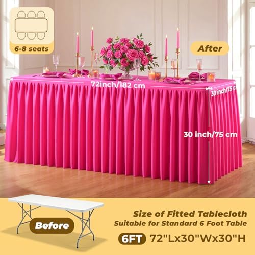 Hot Pink Polyester Table Cloths for Rectangle 6 Foot Tables, 1 Pack Wrinkle Free Tablecloths Stretchy Banquet Ruffle Fitted Table Cover Desk Skirt for Parties Wedding Birthday Baby Shower - Image 5