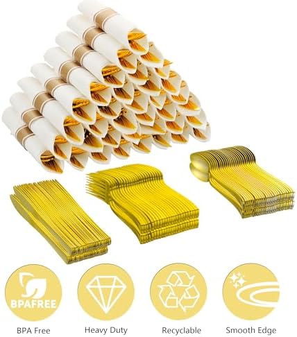 100 Pack Pre Rolled Gold Plastic Silverware Set with Napkins,Disposable Wrapped Heavy Duty Cutlery Set for Wedding Birthday Party-100 Forks,Knives,Spoons,Utensils Set,Plasticware Bulk - Image 2