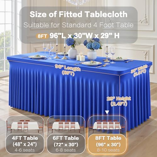 Shillance 6 Packs Royal Blue Tableclothes for 8 Foot Rectangle Table, Wrinkle Free Spandex Tablecovers 8FT Stretch Fitted Table Cloth with Skirt for Birthday Parties Graduations Event Wedding Banquet - Image 3