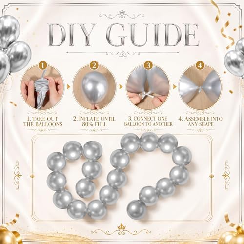 Gejoy 200 Pcs Link Balloons Latex Party Decor,Metallic Silver,10 Inch - Image 3