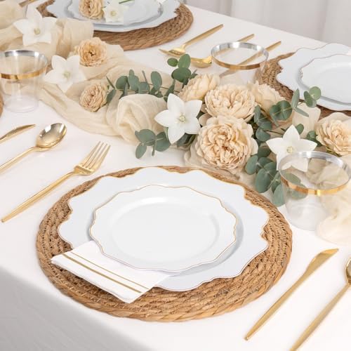 WDF 350PCS White and Gold Plastic Plates - Gold Plates Disposable 50Guest Plastic Dinnerware Ideal for Party/Wedding/Birthday - Image 6