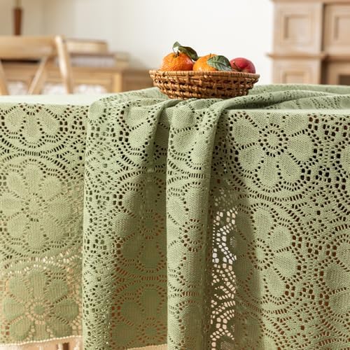 Sage Green Boho Crochet Lace Tablecloth Rectangle 60 x 102 Inch - Image 3