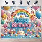 Happy Birthday Rainbow Candy Lollipop Balloons Cartoon Dreamy Background One 1st Birthday Backdrop with Colorful Balloons Lollipops and Cake for Kids Baby Showers and More Party Backdrop (C, 8x6feet) - Image 2