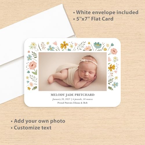 Let's Make Memories Personalized Baby Announcement Cards - Birth, Adoption - Boy, Girl - Premium Quality Custom Photo Cards for Mailing - 5x7 - Includes White Envelopes - Floral Frame - 25 ct - Image 3