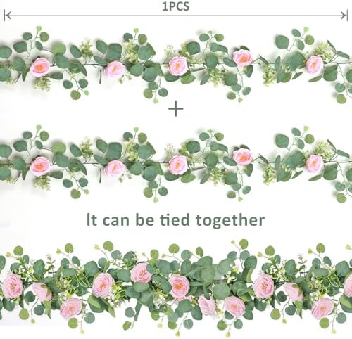TOCHGREEN 2 Pack 13Ft Artificial Eucalyptus Flower Garland with Pink Roses - Image 6