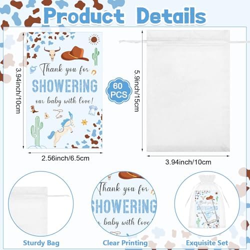 60 Sets Western Cowboy Baby Shower Acrylic Shot Glasses A Little Cowboy is On The Way Shot Glasses with Thank You Cards Organza Bags for Gender Reveal Cowboy Themed Birthday (Blue) - Image 3