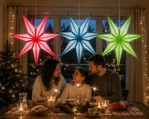 GalaxyArts 7-Point Paper Star Lantern - Striped Cutout Hanging Light Decoration - Foldable Hollow Out Star Lamp Shade for Home, Party, Christmas, Wedding Décor - Indoor/Outdoor 3D Hanging Star(Red) - Image 6