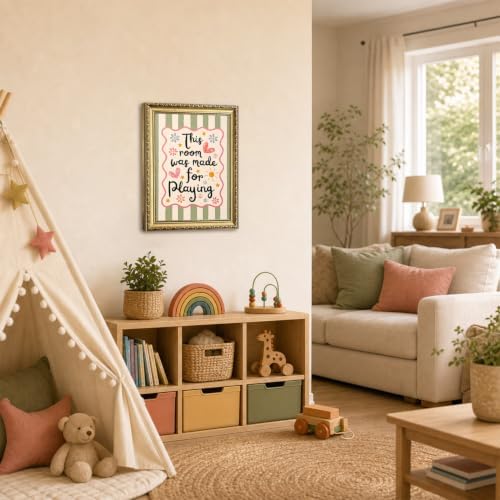This Room Was Made For Playing Wall Art Funny Nursery Quote Sign Wall Decor Picture Cute Colorful Striped Poster Canvas Painting Print for Bedroom Kids Room Playroom 12x16 inch Gold Framed - Image 4