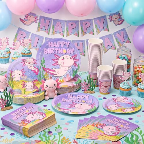 Pickmesh 250 Pcs Axolotl Birthday Disposable Tableware Set Reptile Animals Plates Napkins Cups Cutlery Purple Pink Cartoon Axolotl Birthday Party Supplies Favors for Baby Shower, Serve 50 Guest - Image 4