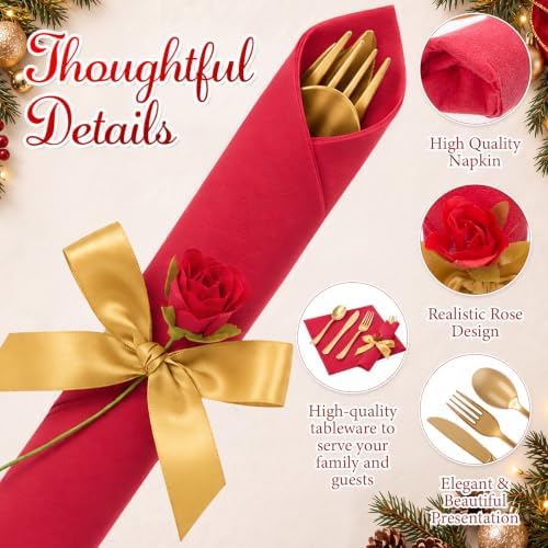 30 Set Christmas Red Pre Rolled Napkins with Rose, Gold Cutlery - Image 3