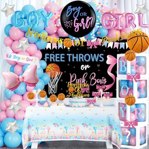Free Throws or Pink Bows Gender Reveal Decorations, Baby Boy or Girl Gender Reveal Decorations, Basketball or Bows Party Décor Backdrop Balloon Banner Tablecloth Cake Cupcake Topper Box Sash by Fiesec