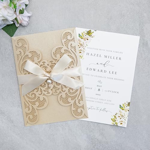 20Pcs Champagne Laser Cut Wedding Invitation Cards With Envelopes - Image 4