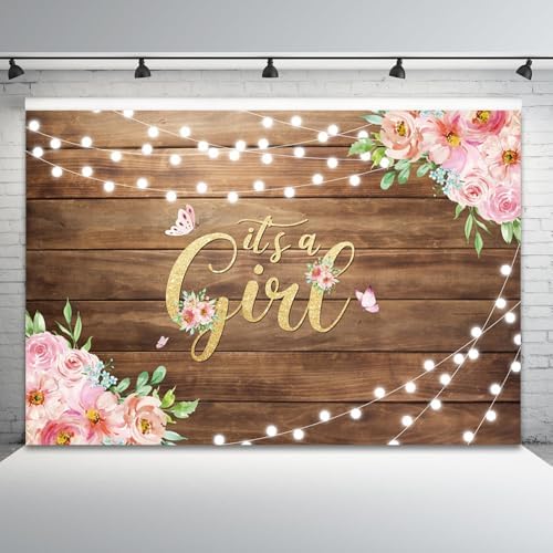 12x6ft Baby Shower Backdrop It's a Girl Photography Background Pink Floral Butterfly Green Leaves Rustic Wooden Board Girls Birthday Party Banner Decorations Newborn Parties Photo Booth Prop - Image 4