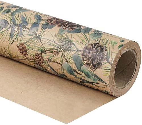 RUSPEPA 30" X 100' Kraft Christmas Wrapping Large Paper Roll, Jumbo Roll, Watercolor Pinecone and Eucalyptus Leaf Design, Kraft Gift Wrap for Christmas, Winter Holiday Party, Rustic Natural Theme - Image 7