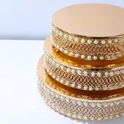 3 Gold Pearl Beaded Metal Cake Stands Mirror Top Wedding Party Events Reception Catering Home Decorations Supplies - Image 6