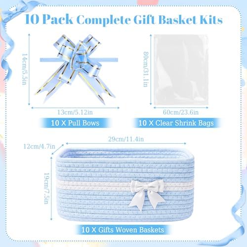 10 Pack Blue Gift Baskets Empty Woven, Cotton Rope Small Basket with Handles, Baby Boy Shower Nursery Organizer, Father's Day Graduation Includes Clear Bags and Bows - Image 2
