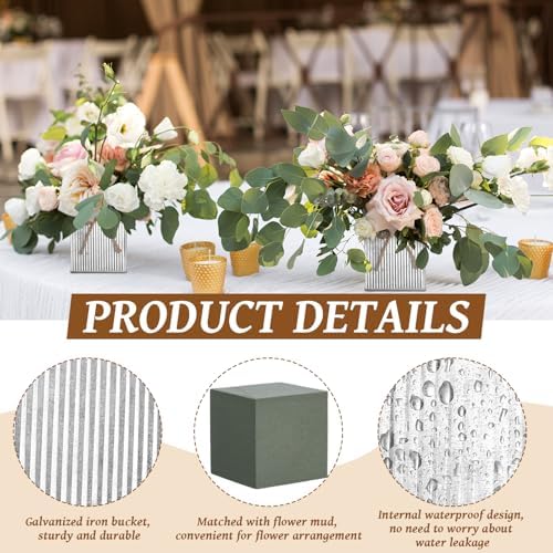 12 Pack Galvanized Square Vases with Floral Foam 3.5 Inch, Silver - Image 3