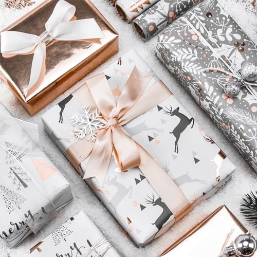 WRAPAHOLIC Christmas Wrapping Paper Set - Rose Gold and Pink Holiday Design with Metallic Foil Shine Wrapping Paper Bundle with Gift Bow & Ribbon & Tag & Sticker - Image 2